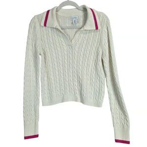 Nicole Miller Polo Cable Knit Sweater M White Pink Stripe Prep School Girl Lux